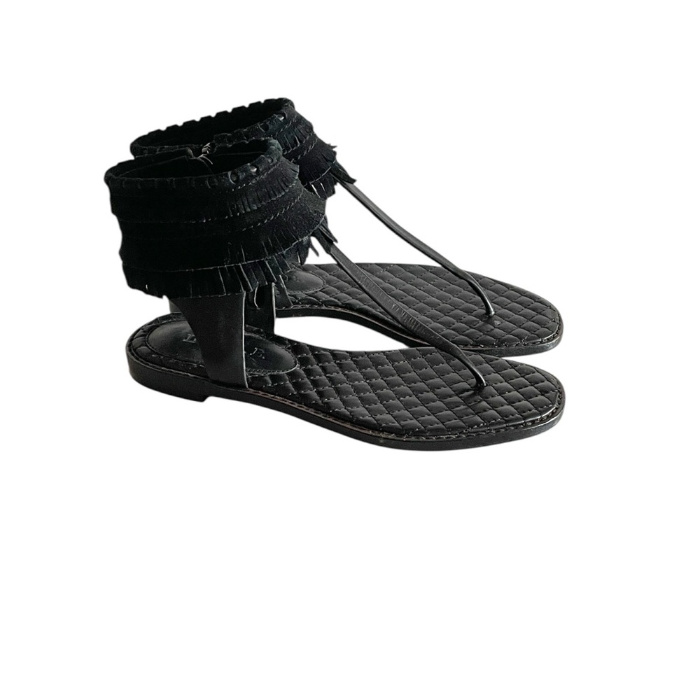 LAMB Gwen Stefani Black Leather Fringe Flat Thong Ankle Cuff Y2K Sandals size 6